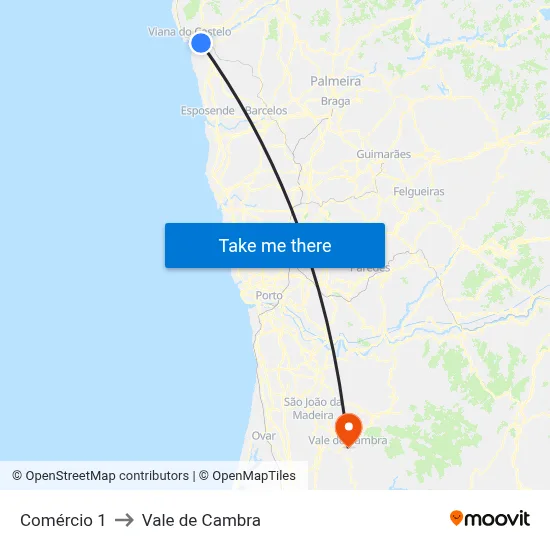 Comércio 1 to Vale de Cambra map