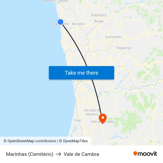 Marinhas (Cemitério) to Vale de Cambra map