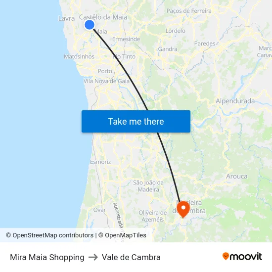 Mira Maia Shopping to Vale de Cambra map