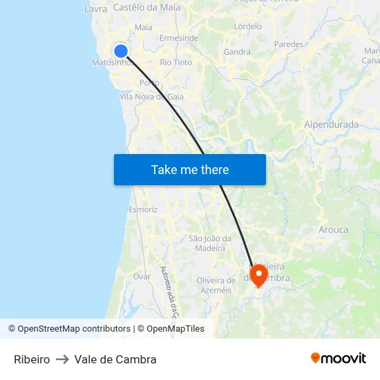 Ribeiro to Vale de Cambra map