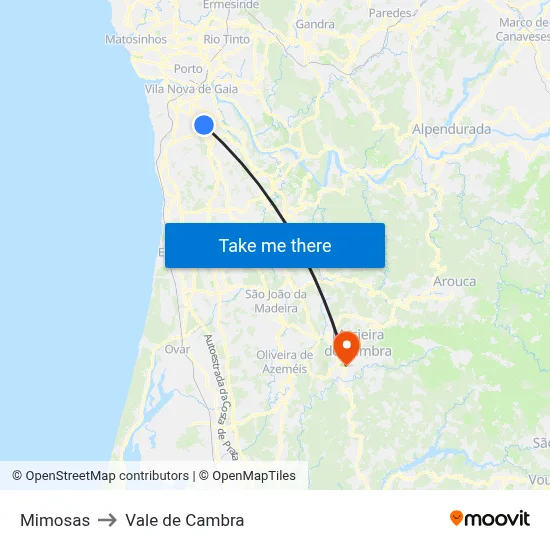 Mimosas to Vale de Cambra map