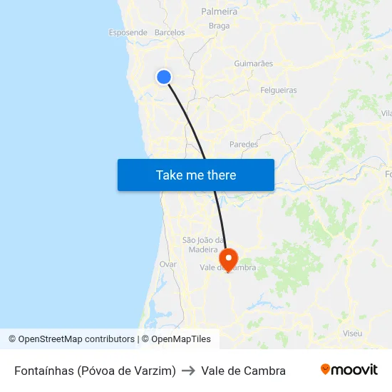 Fontaínhas (Póvoa de Varzim) to Vale de Cambra map