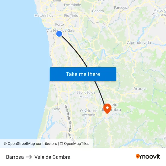 Barrosa to Vale de Cambra map