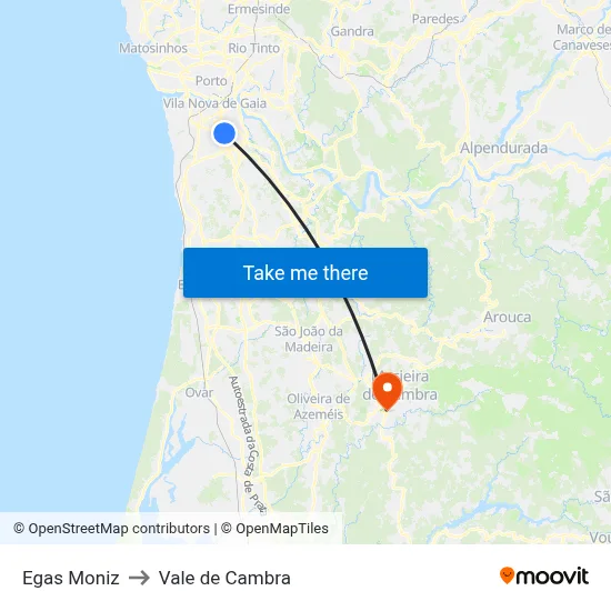 Egas Moniz to Vale de Cambra map