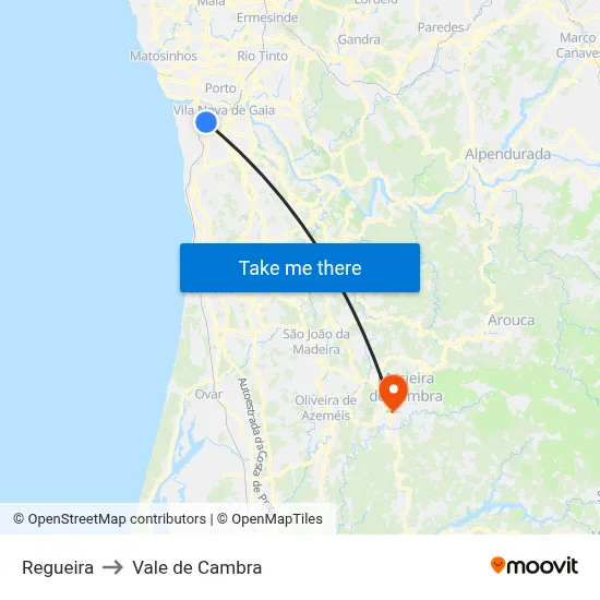 Regueira to Vale de Cambra map