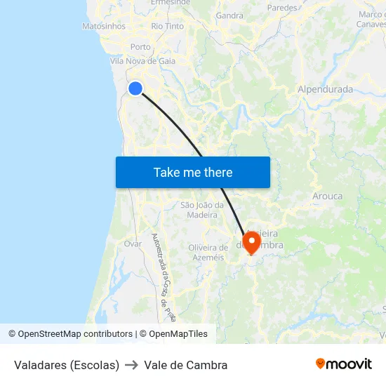Valadares (Escolas) to Vale de Cambra map