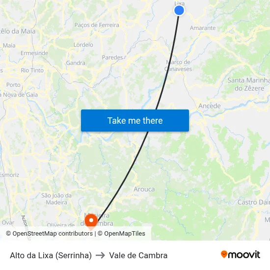 Alto da Lixa (Serrinha) to Vale de Cambra map