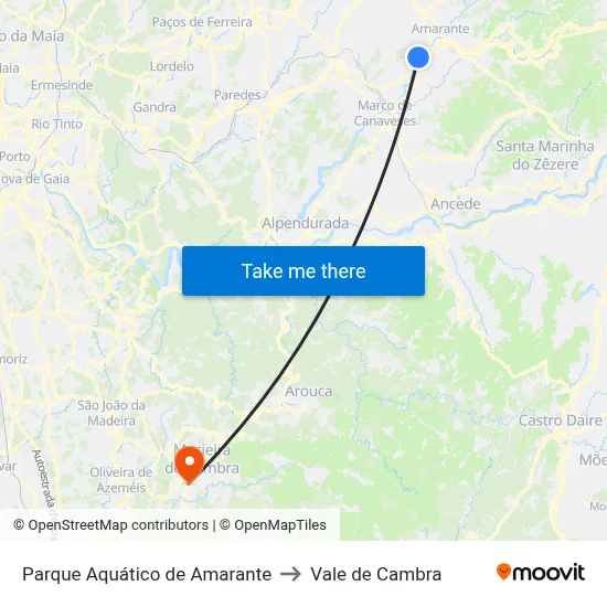 Parque Aquático de Amarante to Vale de Cambra map