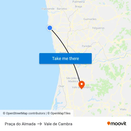 Praça do Almada to Vale de Cambra map