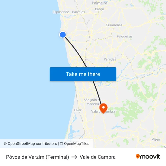 Póvoa de Varzim (Terminal) to Vale de Cambra map