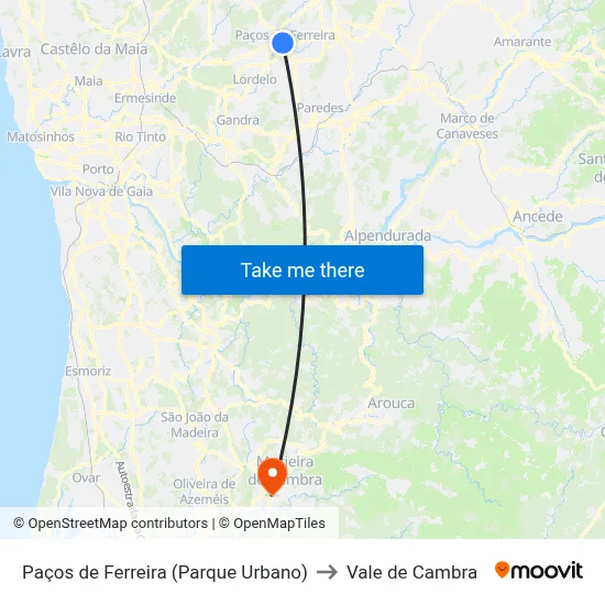 Paços de Ferreira (Parque Urbano) to Vale de Cambra map