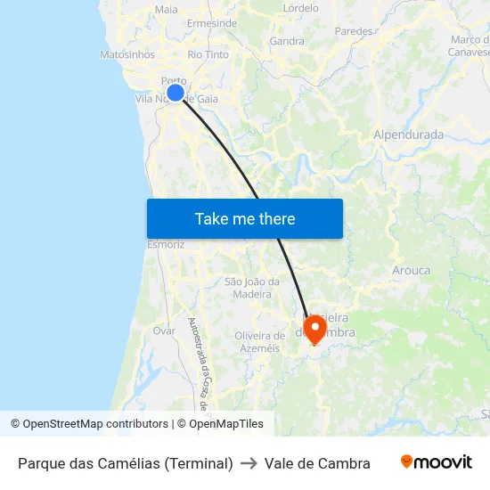 Parque das Camélias (Terminal) to Vale de Cambra map
