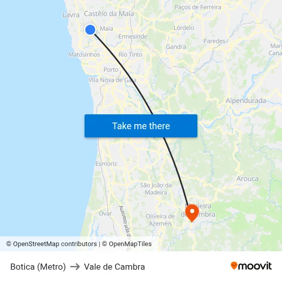 Botica (Metro) to Vale de Cambra map