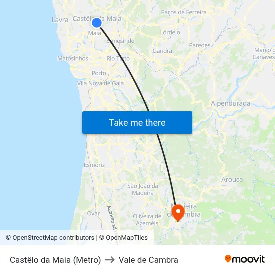 Castêlo da Maia (Metro) to Vale de Cambra map