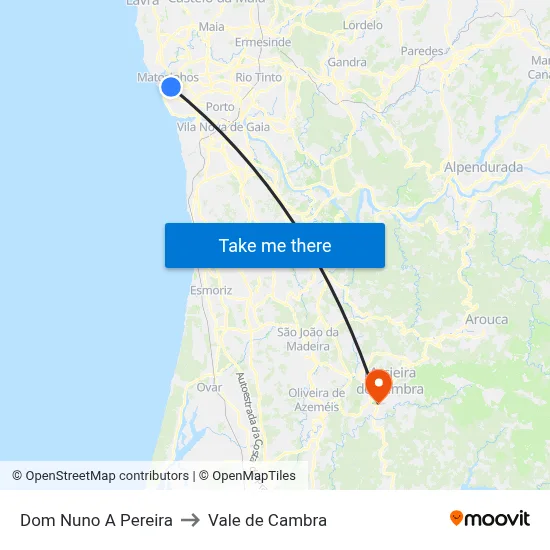Dom Nuno A Pereira to Vale de Cambra map