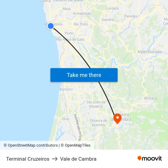 Terminal Cruzeiros to Vale de Cambra map