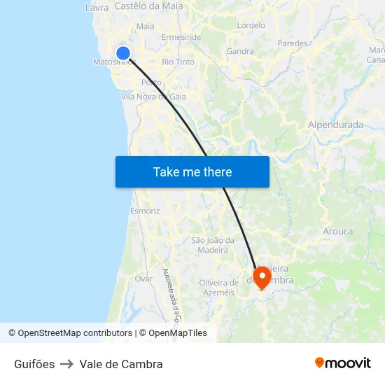 Guifões to Vale de Cambra map