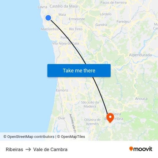 Ribeiras to Vale de Cambra map