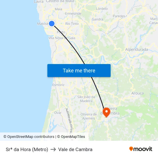 Srª da Hora (Metro) to Vale de Cambra map