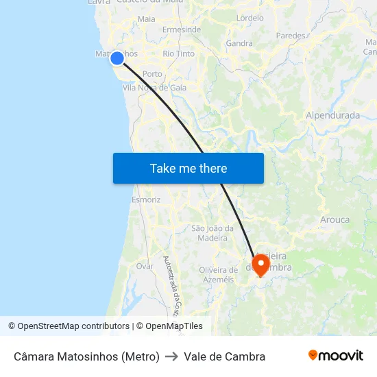 Câmara Matosinhos (Metro) to Vale de Cambra map