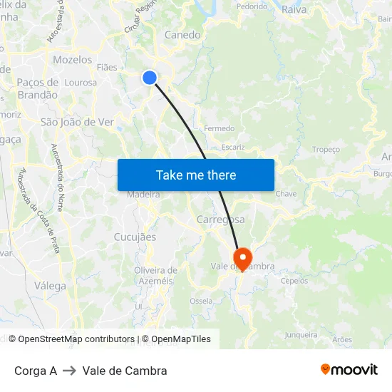 Corga A to Vale de Cambra map
