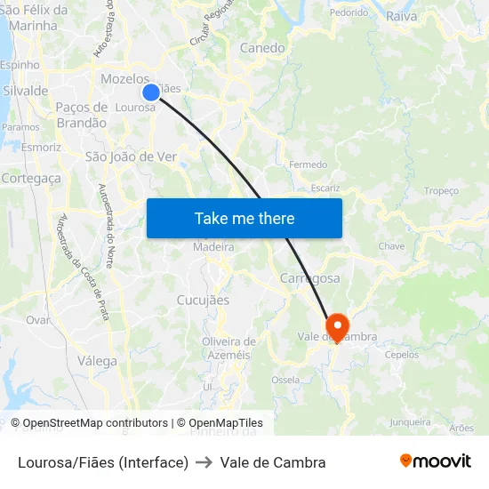 Lourosa/Fiães (Interface) to Vale de Cambra map