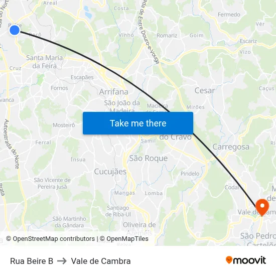 Rua Beire B to Vale de Cambra map