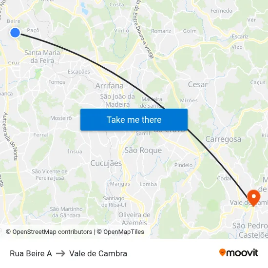Rua Beire A to Vale de Cambra map