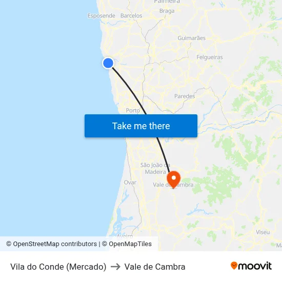 Vila do Conde (Mercado) to Vale de Cambra map