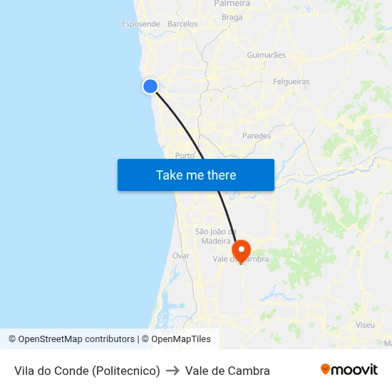 Vila do Conde (Politecnico) to Vale de Cambra map