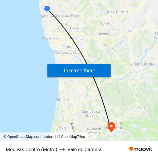 Modivas Centro (Metro) to Vale de Cambra map