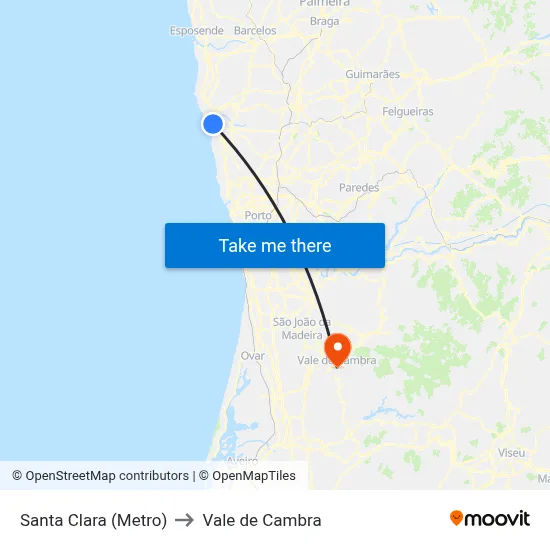 Santa Clara (Metro) to Vale de Cambra map