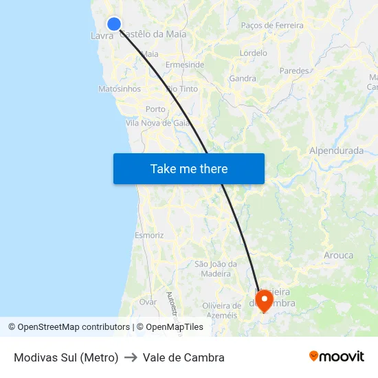 Modivas Sul (Metro) to Vale de Cambra map