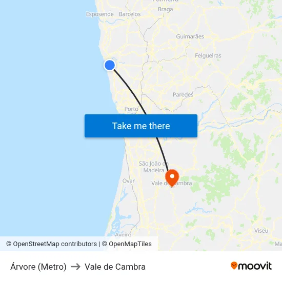 Árvore (Metro) to Vale de Cambra map