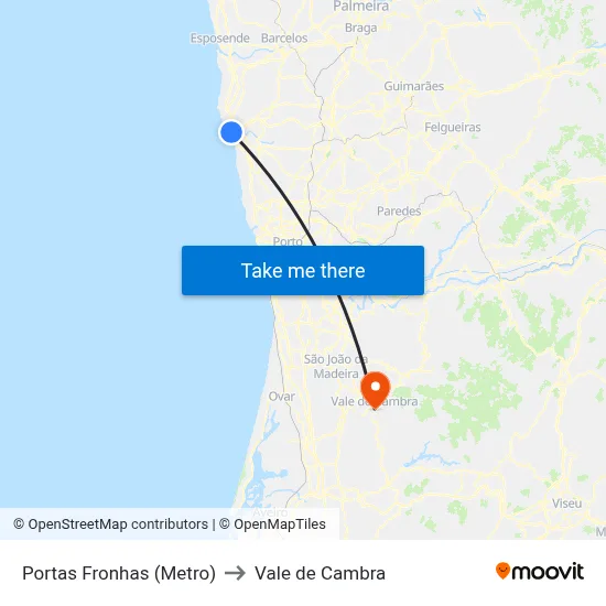 Portas Fronhas (Metro) to Vale de Cambra map