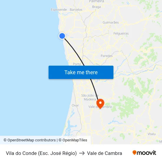 Vila do Conde (Esc. José Régio) to Vale de Cambra map