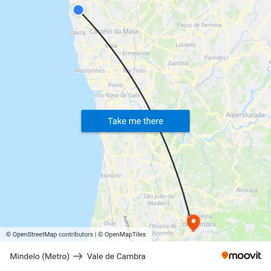 Mindelo (Metro) to Vale de Cambra map