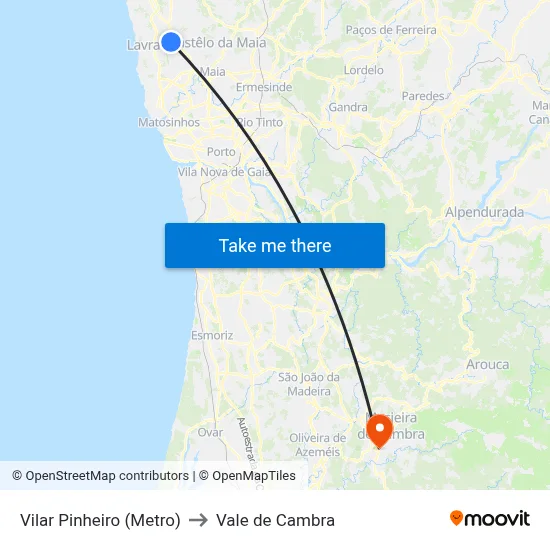 Vilar Pinheiro (Metro) to Vale de Cambra map