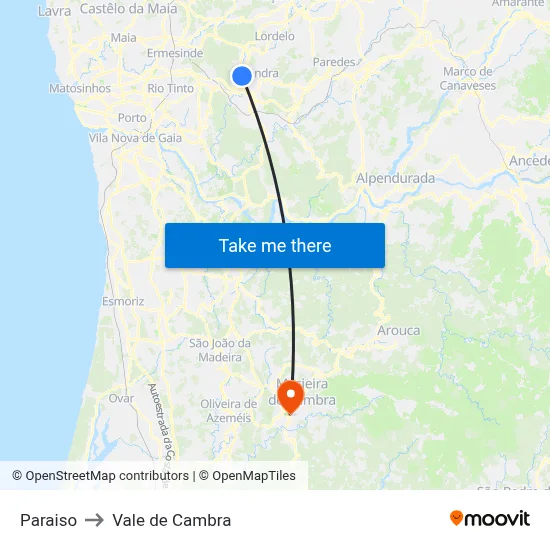 Paraiso to Vale de Cambra map