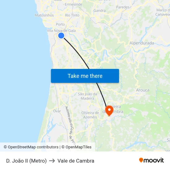 D. João II (Metro) to Vale de Cambra map