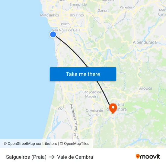 Salgueiros (Praia) to Vale de Cambra map