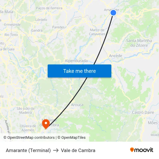 Amarante (Terminal) to Vale de Cambra map