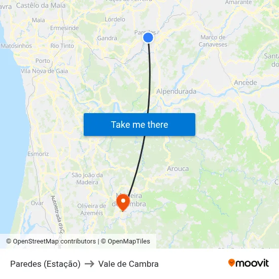 Paredes (Estação) to Vale de Cambra map