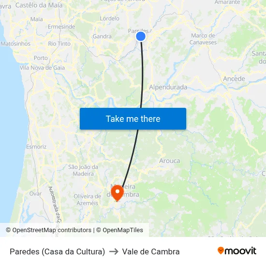 Paredes (Casa da Cultura) to Vale de Cambra map