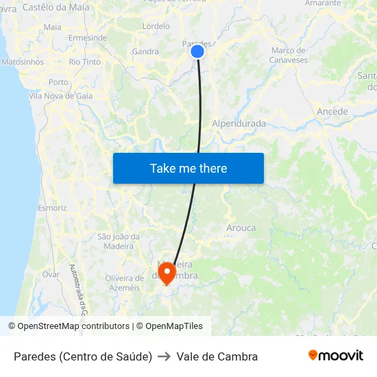 Paredes (Centro de Saúde) to Vale de Cambra map