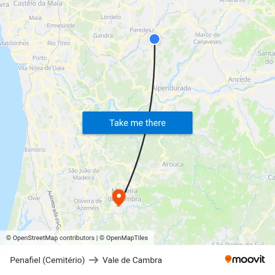 Penafiel (Cemitério) to Vale de Cambra map