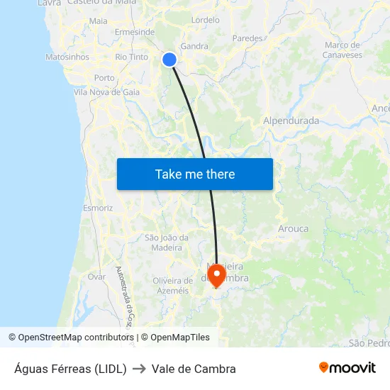 Águas Férreas (LIDL) to Vale de Cambra map