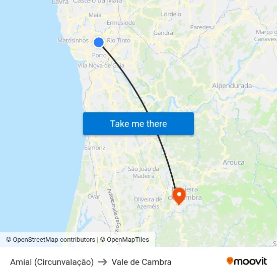 Amial (Circunvalação) to Vale de Cambra map