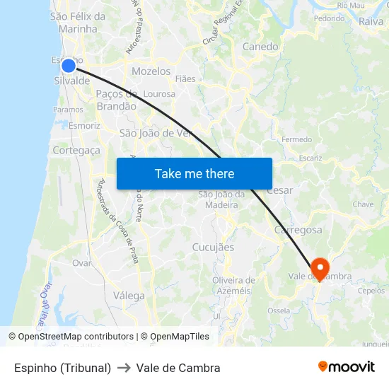 Espinho (Tribunal) to Vale de Cambra map