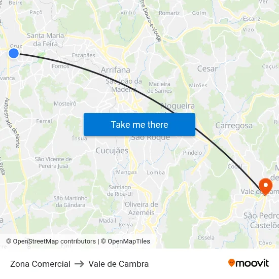 Zona Comercial to Vale de Cambra map